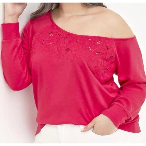 Torrid Magenta Embroidered Off Shoulder Top Womens Size 1X Long Sleeve New Tag - Picture 2 of 12